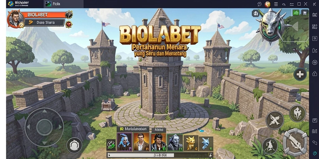 Screenshot utama BIOLABET menampilkan aksi menara melawan gelombang musuh.
