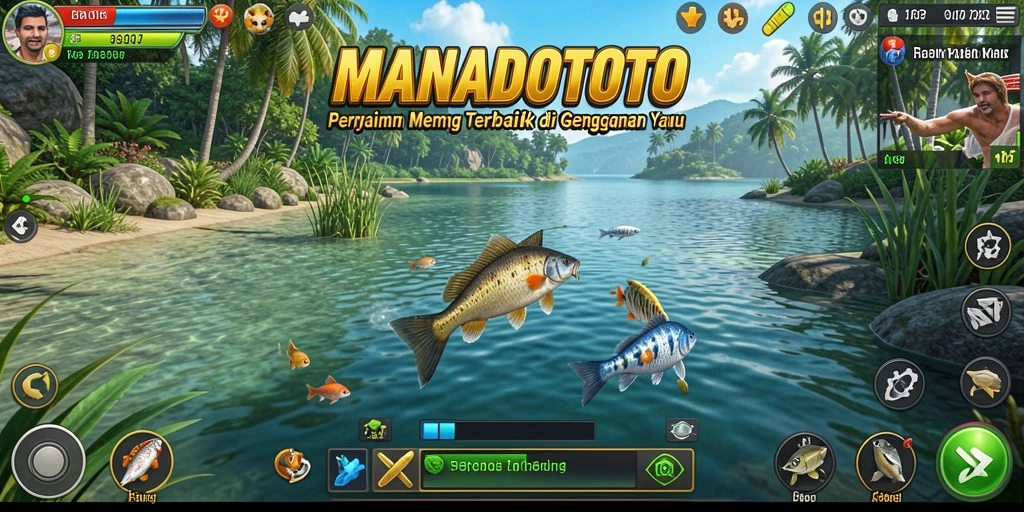 Screenshot gameplay MANADOTOTO yang menunjukkan aksi memancing seru.