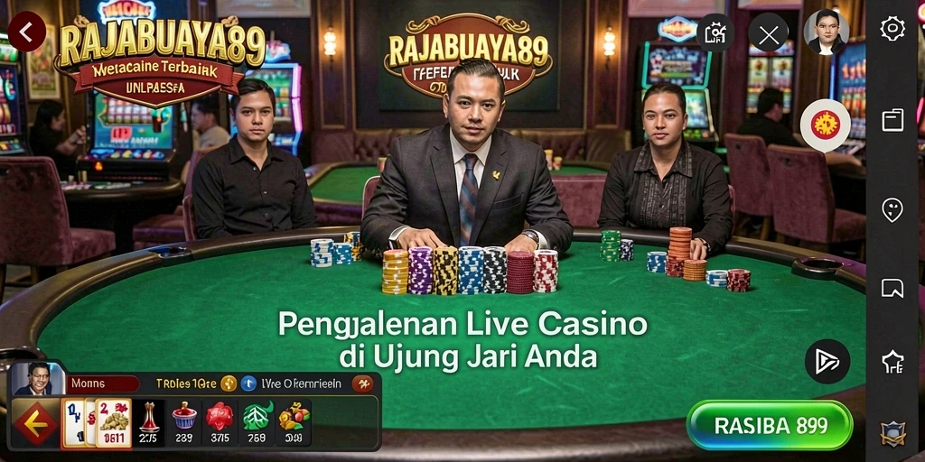 Screenshot gameplay RAJABUAYA89 menunjukkan dealer yang sedang mengambil taruhan dari pemain.