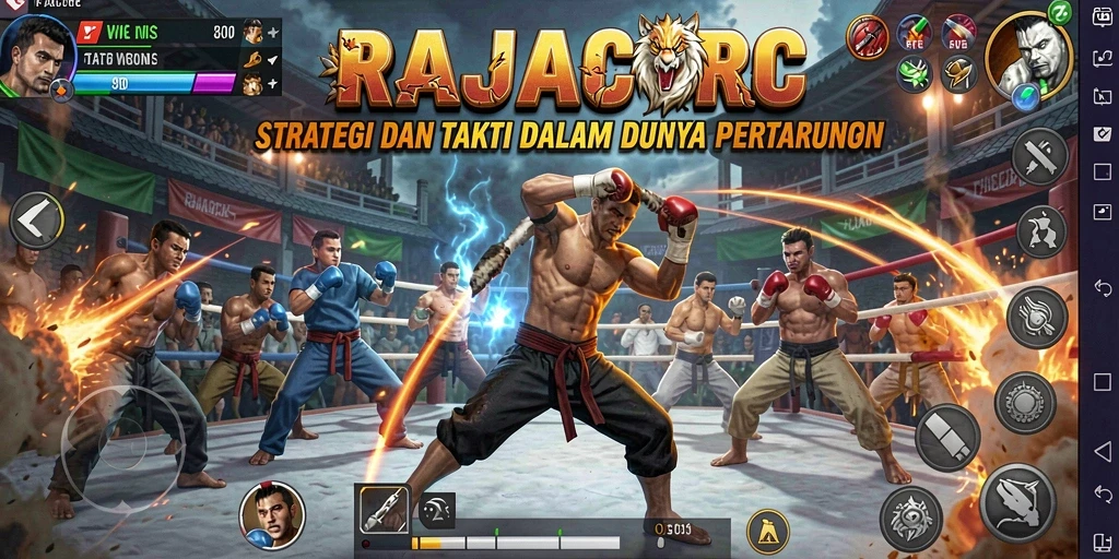 Screenshot utama RAJACORC menampilkan pertempuran strategis yang mendebarkan.